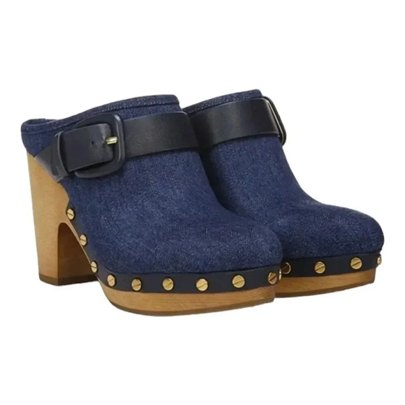 Veronica Beard Dacey Buckle Platform Clogs Eclipse Blue Denim Mules Slip On 6 - Picture 1 of 12